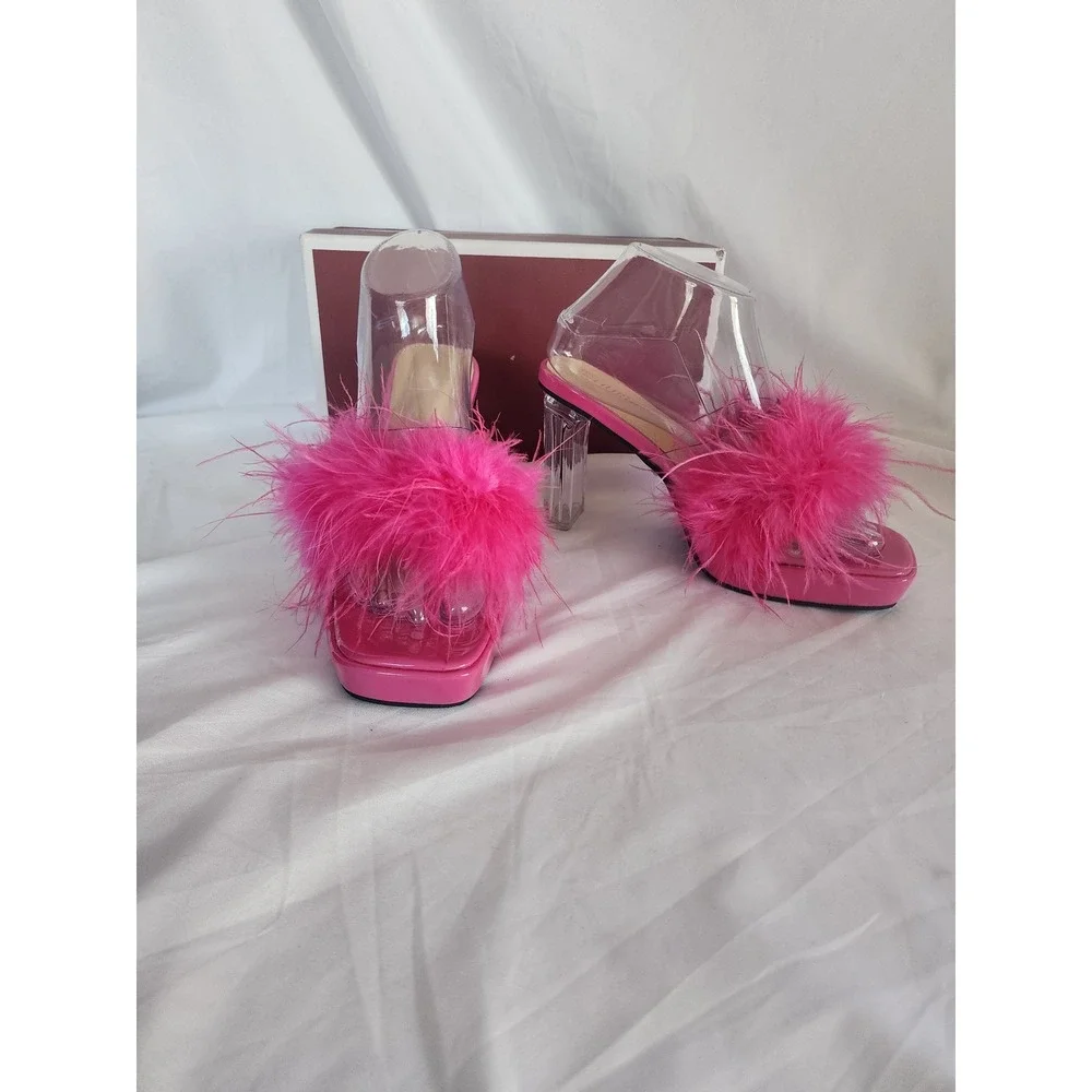 LIURUIJIA Pink Feather Platform Sandals Clear Block Heel Y2K Barbiecore Mules 39